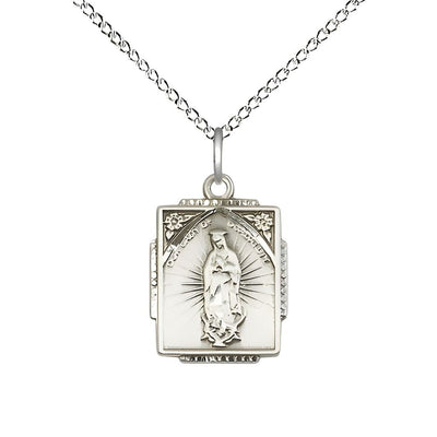 Our Lady of Guadalupe Small Children Square Pendant Sterling Silver Medal with Sterling Chain, Measures 5/8-inch tall by 1/2-inch wide, Bliss Manufacturing