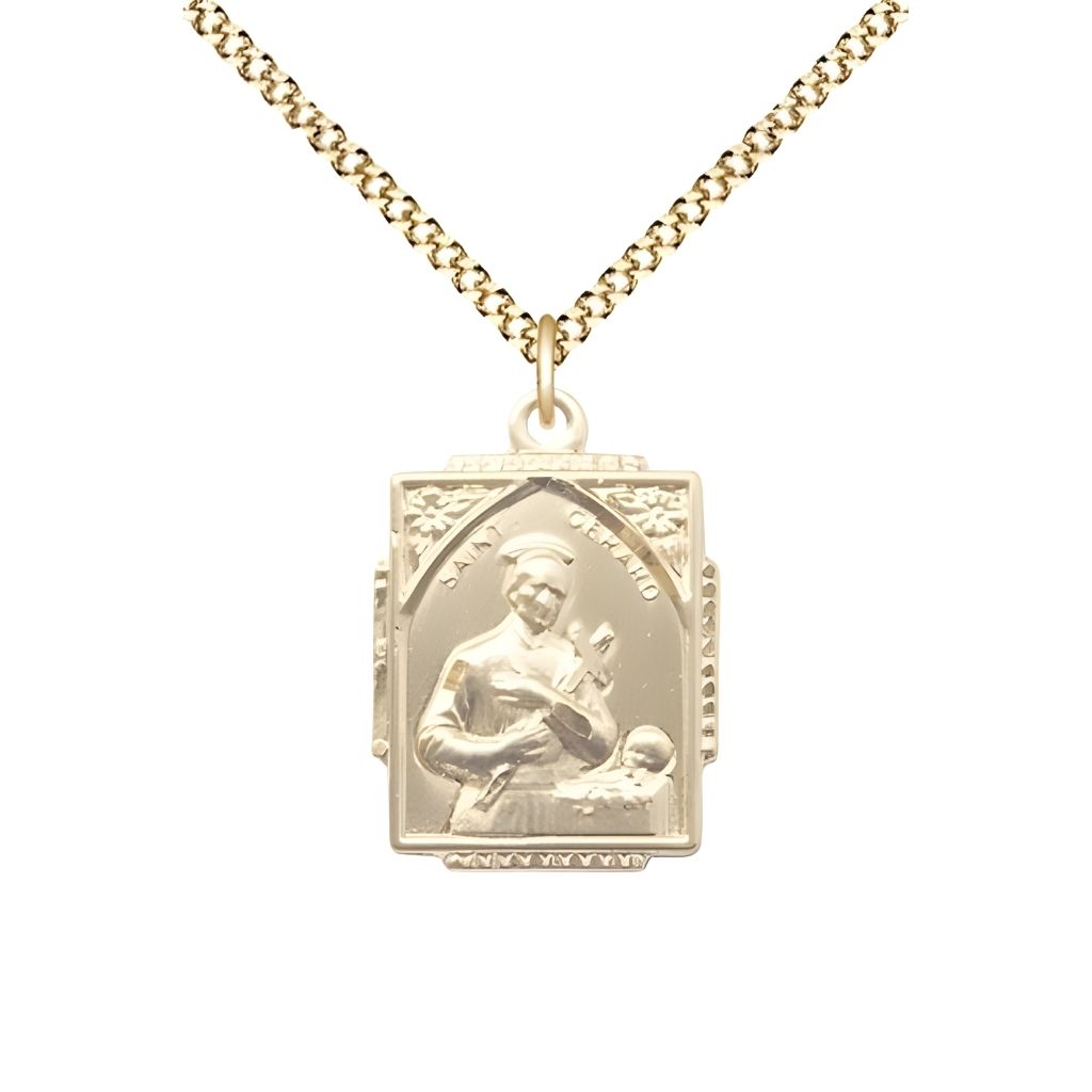 Bliss Manufacturing St. Gerard Square Design 14kt Gold-filled Pendant Necklace with Gold-plated Light Curb Chain, measures 3/4-inch tall by 1/2-inch wide,
