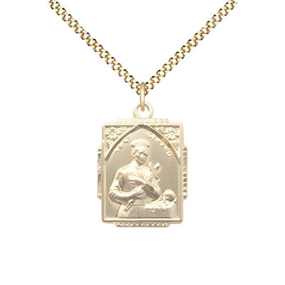 St. Gerard Square Design 14kt Gold-filled Pendant Necklace with Gold-plated Light Curb Chain, measures 3/4-inch tall by 1/2-inch wide, Bliss Manufacturing