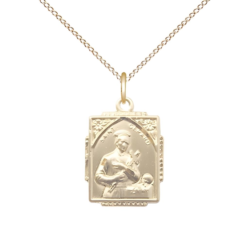 Bliss Manufacturing St. Gerard Square Design 14kt Gold Pendant Necklace with 14kt Gold Light Curb Chain, measures 3/4-inch tall by 1/2-inch wide,