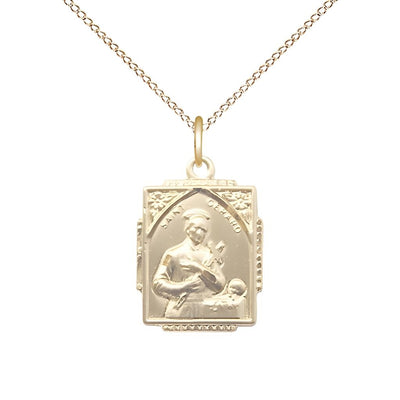St. Gerard Square Design 14kt Gold Pendant Necklace with 14kt Gold Light Curb Chain, measures 3/4-inch tall by 1/2-inch wide, Bliss Manufacturing