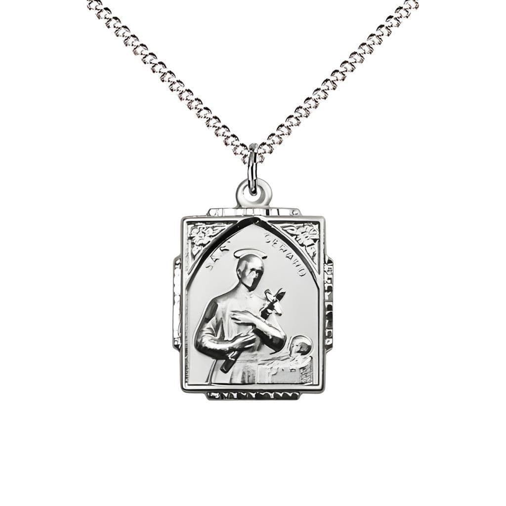 Bliss Manufacturing St. Gerard Square Design Sterling Silver Pendant Necklace with Rhodium-plated Light Curb Chain, measures 3/4-inch tall by 1/2-inch wide,