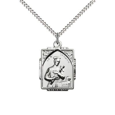 St. Gerard Square Design Sterling Silver Pendant Necklace with Rhodium-plated Light Curb Chain, measures 3/4-inch tall by 1/2-inch wide, Bliss Manufacturing
