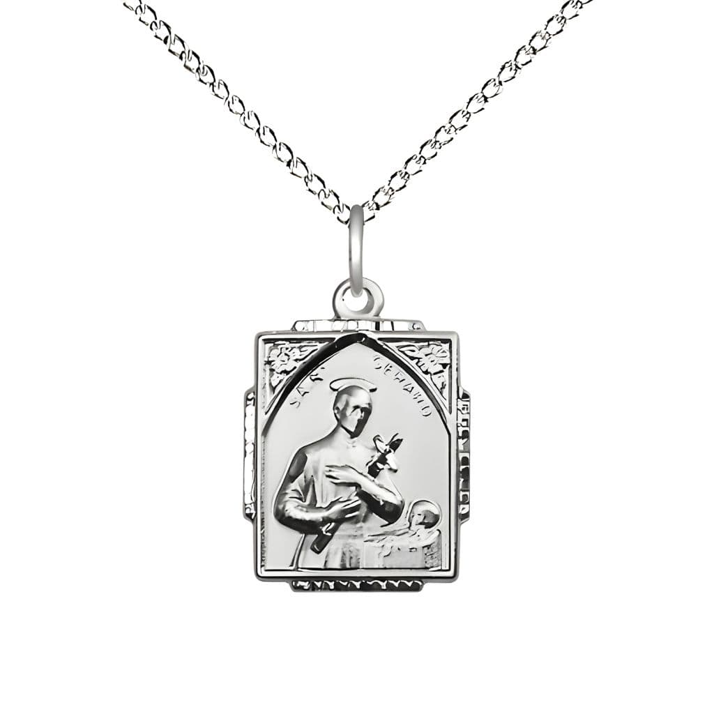 Bliss Manufacturing St. Gerard Square Design Sterling Silver Pendant Necklace with Sterling Silver Light Curb Chain, measures 3/4-inch tall by 1/2-inch wide,