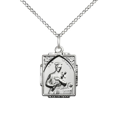 St. Gerard Square Design Sterling Silver Pendant Necklace with Sterling Silver Light Curb Chain, measures 3/4-inch tall by 1/2-inch wide, Bliss Manufacturing