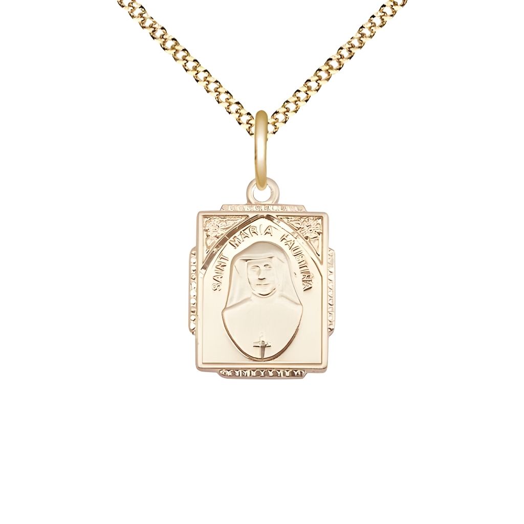 Bliss St. Maria Faustina 14kt Gold-filled Square Shaped Pendant Necklace with Gold-plated Chain, Measures 3/4-inch tall by 1/2-inch wide,