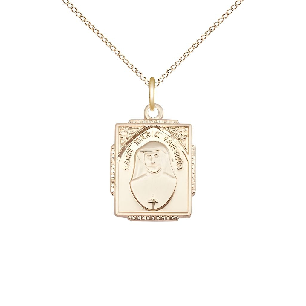 Bliss St. Maria Faustina 14kt Gold-filled Square Shaped Pendant Necklace with Gold-filled Chain, Measures 3/4-inch tall by 1/2-inch wide,
