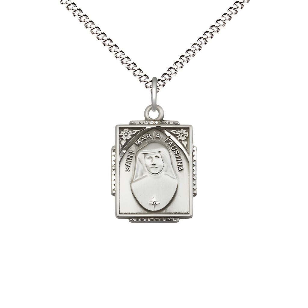 Bliss St. Maria Faustina Sterling Silver Square Shaped Pendant Necklace with Plated Chain, Measures 3/4-inch tall by 1/2-inch wide,