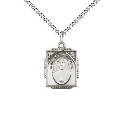St. Maria Faustina Sterling Silver Square Shaped Pendant Necklace with Plated Chain, Measures 3/4-inch tall by 1/2-inch wide, Bliss Manufacturing