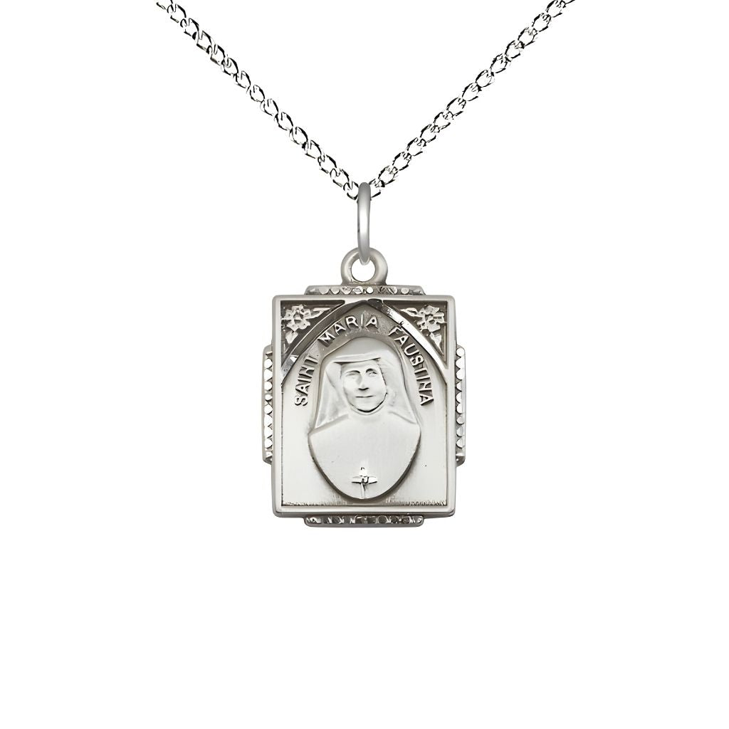 Bliss St. Maria Faustina Sterling Silver Square Shaped Pendant Necklace with Sterling Silver Chain, Measures 3/4-inch tall by 1/2-inch wide,