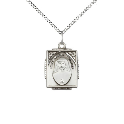 St. Maria Faustina Sterling Silver Square Shaped Pendant Necklace with Sterling Silver Chain, Measures 3/4-inch tall by 1/2-inch wide, Bliss Manufacturing