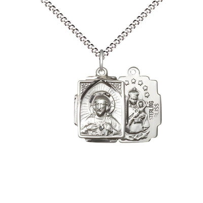 Sacred Heart Scapular Square Design Sterling Silver Medal Necklace with 18" Rhodium-plated Chain, Bliss Manufacturing