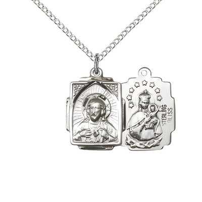 Sacred Heart Scapular Square Design Sterling Silver Medal Necklace with 18" Sterling Silver Chain, Bliss Manufacturing