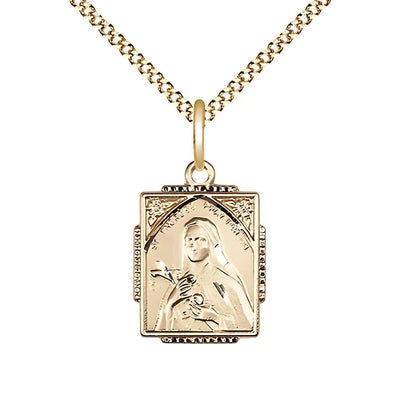 St. Therese of Lisieux Square Shaped 14kt Gold-filled Pendant Necklace with Gold-Plated Chain, Measures 3/4-inch tall by 1/2-inch wide, Bliss Manufacturing