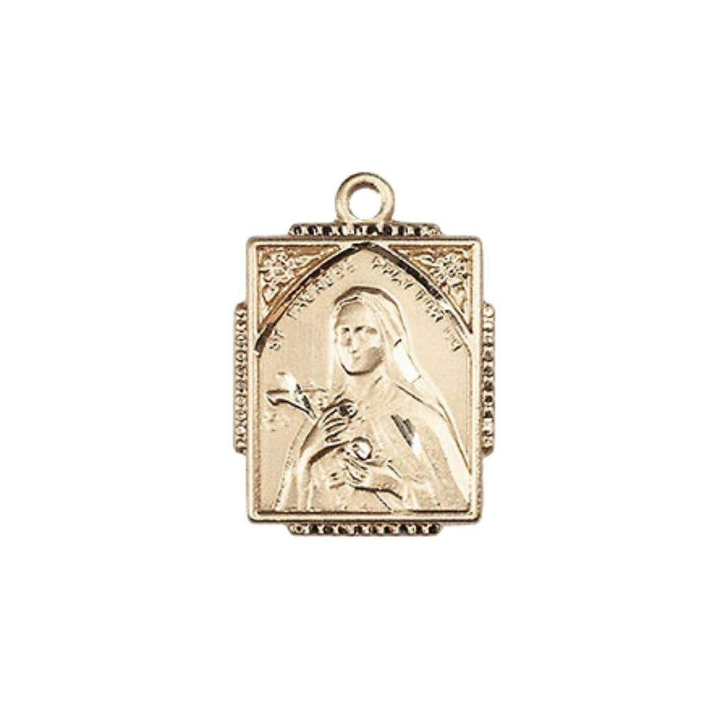 St. Therese of Lisieux Square Shaped 14kt Gold Pendant, Measures 3/4-inch tall by 1/2-inch wide