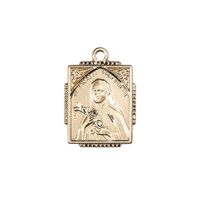 St. Therese of Lisieux Square Shaped 14kt Gold Pendant, Measures 3/4-inch tall by 1/2-inch wide, Bliss Manufacturing