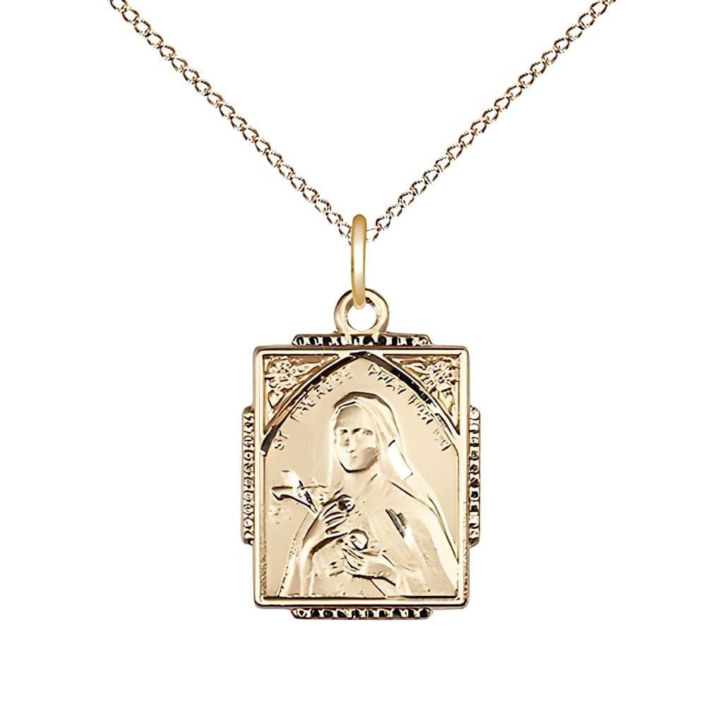 St. Therese of Lisieux Square Shaped 14kt Gold Pendant Necklace with 14kt Gold Chain, Measures 3/4-inch tall by 1/2-inch wide
