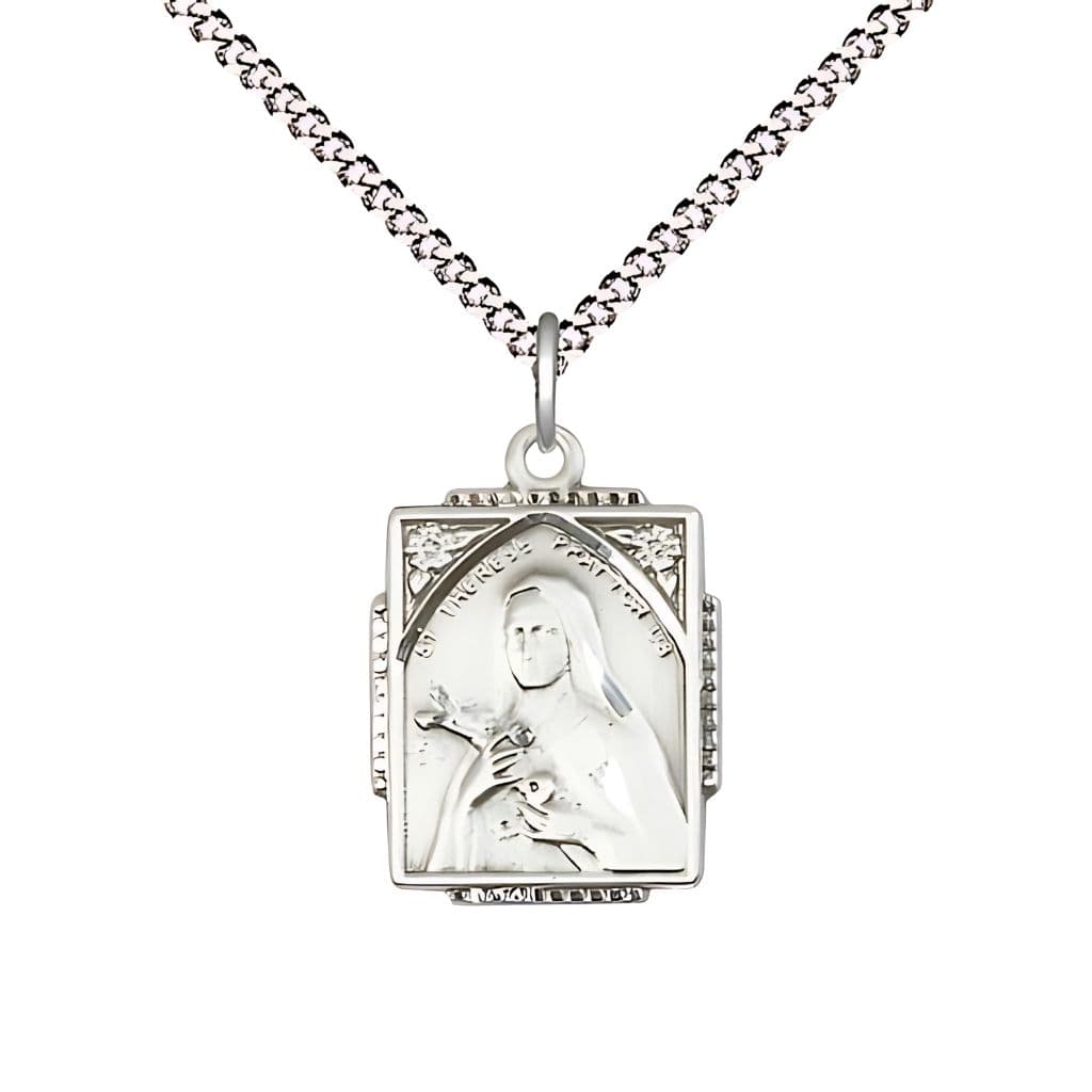 St. Therese of Lisieux Square Shaped Sterling Silver Pendant Necklace with Plated Chain, Measures 3/4-inch tall by 1/2-inch wide