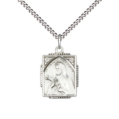 St. Therese of Lisieux Square Shaped Sterling Silver Pendant Necklace with Plated Chain, Measures 3/4-inch tall by 1/2-inch wide, Bliss Manufacturing