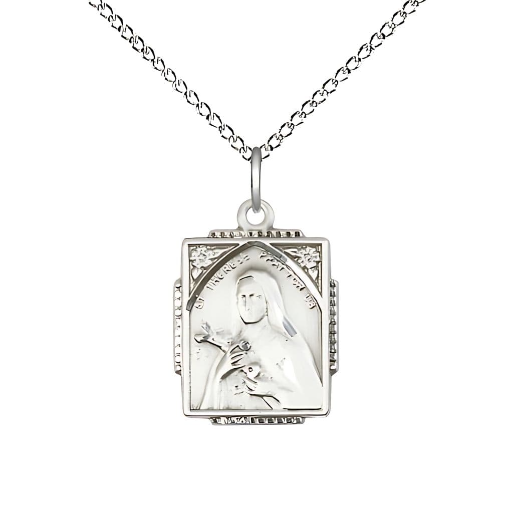 St. Therese of Lisieux Square Shaped Sterling Silver Pendant Necklace with Sterling Chain, Measures 3/4-inch tall by 1/2-inch wide