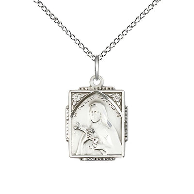 St. Therese of Lisieux Square Shaped Sterling Silver Pendant Necklace with Sterling Chain, Measures 3/4-inch tall by 1/2-inch wide, Bliss Manufacturing