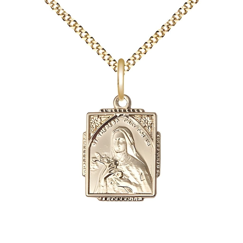 Bliss St. Theresa Square Shaped 14kt Gold-filled Pendant Necklace with Gold-Plated Chain, Medal measures 3/4-inch tall by 1/2-inch wide,
