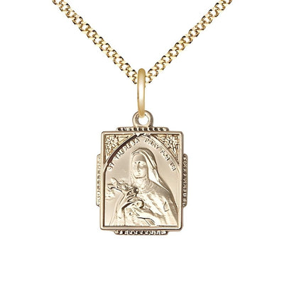 St. Theresa Square Shaped 14kt Gold-filled Pendant Necklace with Gold-Plated Chain, Medal measures 3/4-inch tall by 1/2-inch wide, Bliss Manufacturing