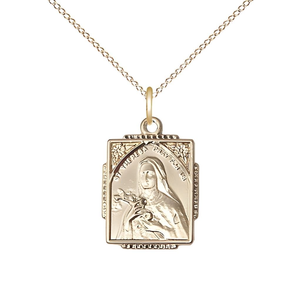 Bliss St. Theresa Square Shaped 14kt Gold-filled Pendant Necklace with Gold-filled Chain, Medal measures 3/4-inch tall by 1/2-inch wide,