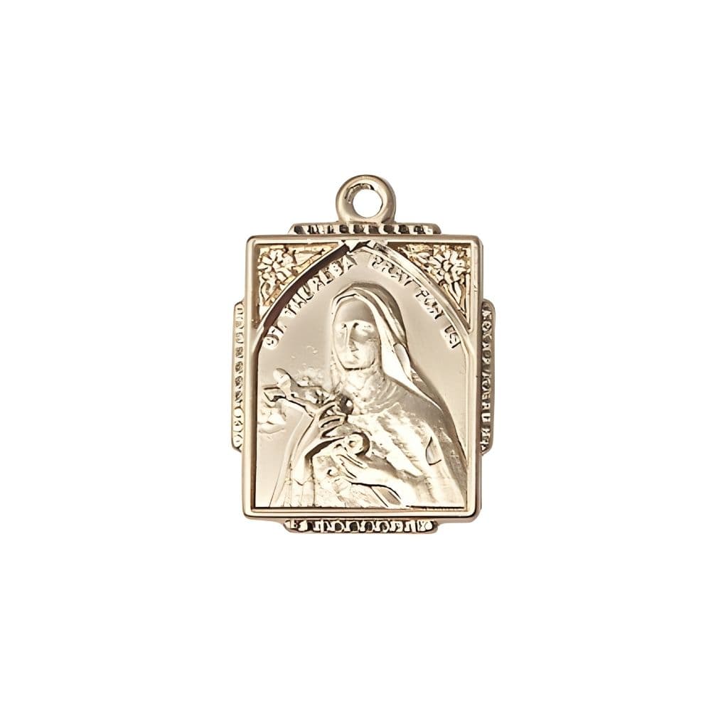 Bliss St. Theresa Square Shaped 14kt Gold Pendant, Medal measures 3/4-inch tall by 1/2-inch wide,