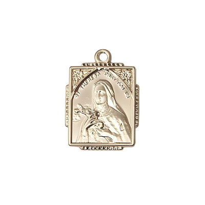 St. Theresa Square Shaped 14kt Gold Pendant, Medal measures 3/4-inch tall by 1/2-inch wide, Bliss Manufacturing