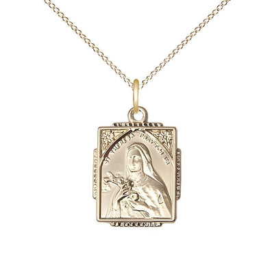 St. Theresa Square Shaped 14kt Gold Pendant Necklace with 14kt Gold Chain, Medal measures 3/4-inch tall by 1/2-inch wide, Bliss Manufacturing