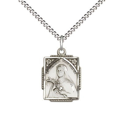 St. Theresa Square Shaped Sterling Silver Pendant Necklace with Plated Chain, Medal measures 3/4-inch tall by 1/2-inch wide, Bliss Manufacturing