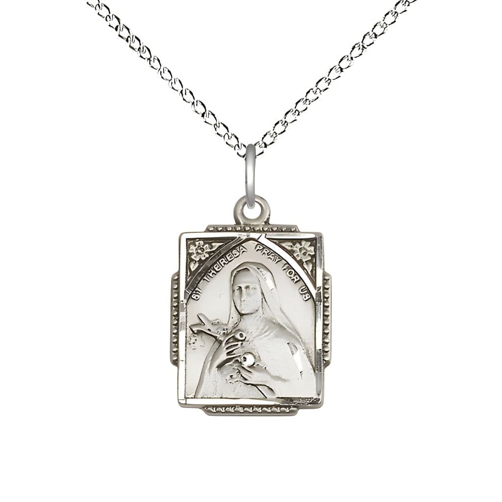 Bliss St. Theresa Square Shaped Sterling Silver Pendant Necklace with Sterling Silver Chain, Medal measures 3/4-inch tall by 1/2-inch wide,