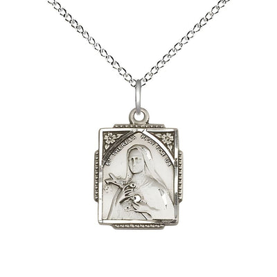 St. Theresa Square Shaped Sterling Silver Pendant Necklace with Sterling Silver Chain, Medal measures 3/4-inch tall by 1/2-inch wide, Bliss Manufacturing