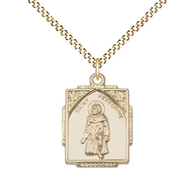 St. Peregrine Square Design Gold-filled Medal Necklace with Gold-plated Chain, Measures 7/8-inch tall by 1/2-inch wide, gift box, Bliss Manufacturing