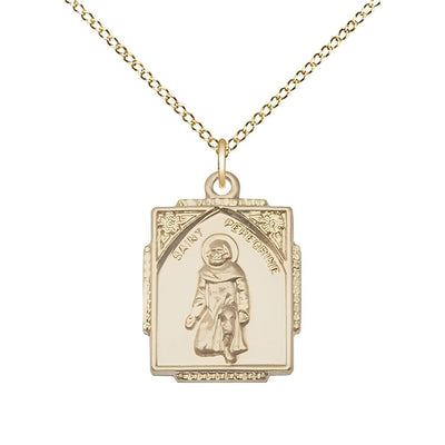 St. Peregrine Square Design Gold-filled Medal Necklace with Gold-filled Chain, Measures 7/8-inch tall by 1/2-inch wide, gift box, Bliss Manufacturing
