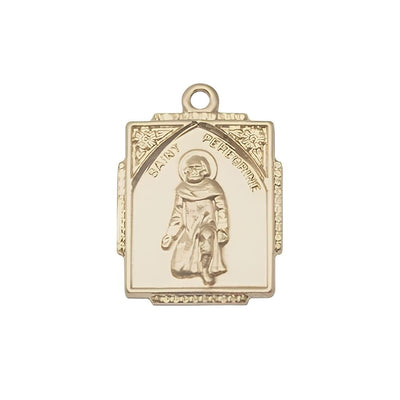 St. Peregrine Square Design 14kt Gold Medal, Measures 7/8-inch tall by 1/2-inch wide, gift box, Bliss Manufacturing