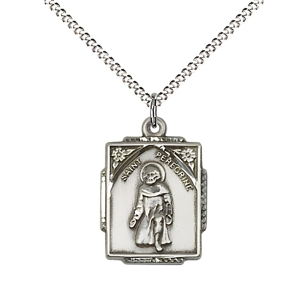 Bliss St. Peregrine Square Design Sterling Silver Medal Necklace with Rhodium-plated Chain, Measures 7/8-inch tall by 1/2-inch wide, gift box,