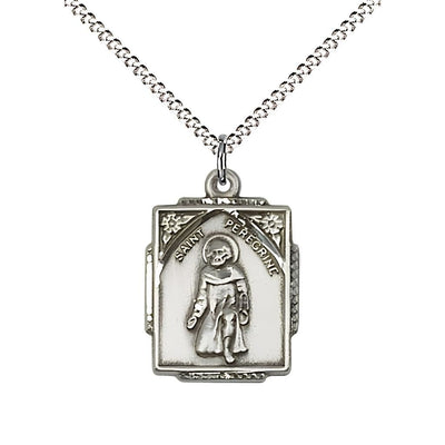 St. Peregrine Square Design Sterling Silver Medal Necklace with Rhodium-plated Chain, Measures 7/8-inch tall by 1/2-inch wide, gift box, Bliss Manufacturing