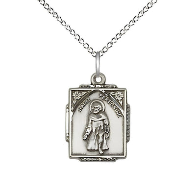 St. Peregrine Square Design Sterling Silver Medal Necklace with Sterling Silver Chain, Measures 7/8-inch tall by 1/2-inch wide, gift box, Bliss Manufacturing