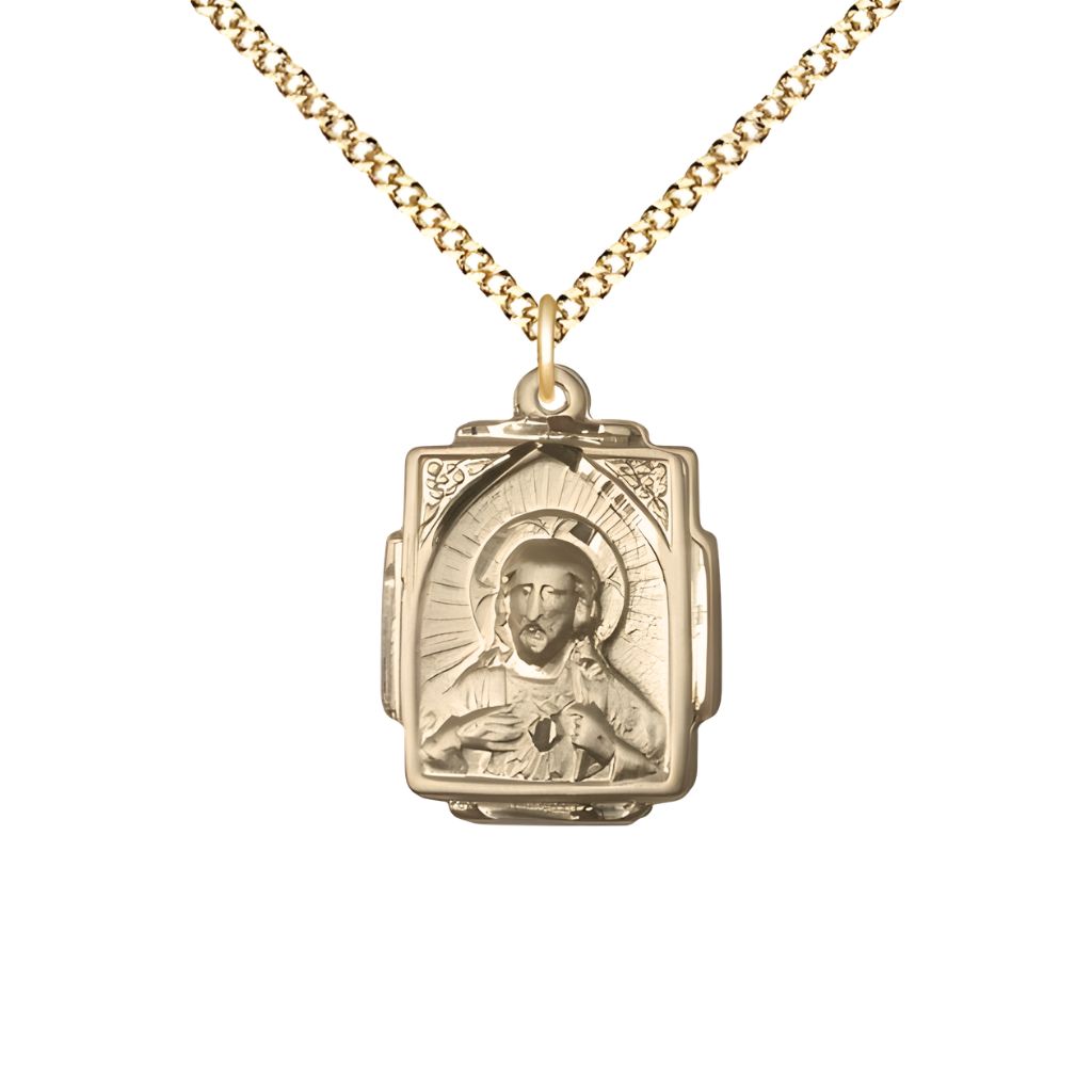 Bliss Sacred Heart Scapular Square Design 14kt Gold-filled Medal Necklace with 18" Gold-plated Chain,
