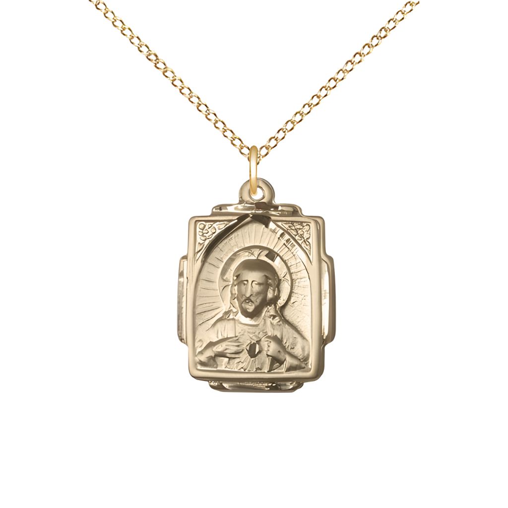 Bliss Sacred Heart Scapular Square Design 14kt Gold-filled Medal Necklace with 18" Gold-filled Chain,