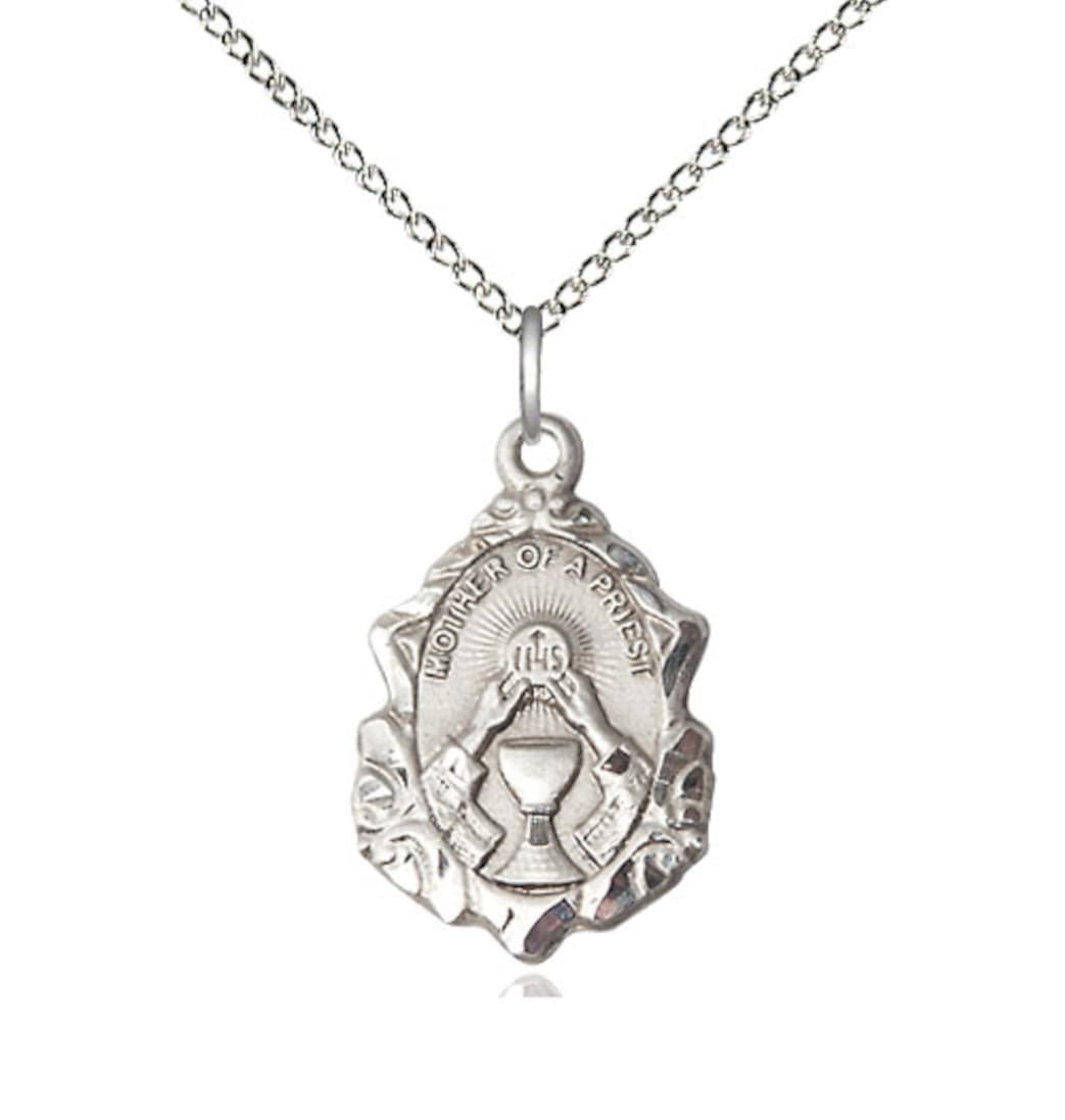 Bliss Manufacturing Catholic Mother of a Priest Sterling Silver Pendant Jewelry with Sterling Curb  Chain,