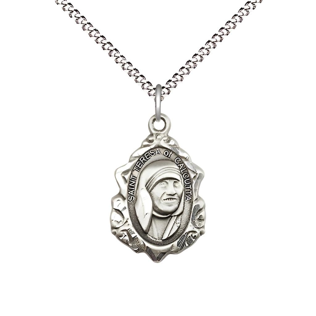 Bliss St. Teresa of Calcutta Sterling Silver Medal with Rhodium-plated Chain Necklace, Measures 3/4-inch tall by 1/2-inch wide