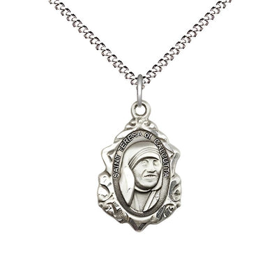 St. Teresa of Calcutta Sterling Silver Medal with Rhodium-plated Chain Necklace, Measures 3/4-inch tall by 1/2-inch wide, Bliss Manufacturing
