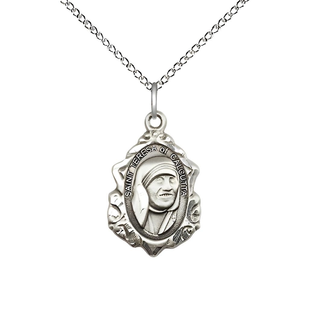 Bliss St. Teresa of Calcutta Sterling Silver Medal with Sterling Silver Chain Necklace, Measures 3/4-inch tall by 1/2-inch wide