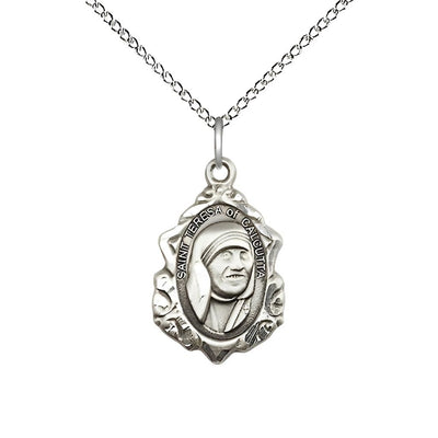 St. Teresa of Calcutta Sterling Silver Medal with Sterling Silver Chain Necklace, Measures 3/4-inch tall by 1/2-inch wide, Bliss Manufacturing