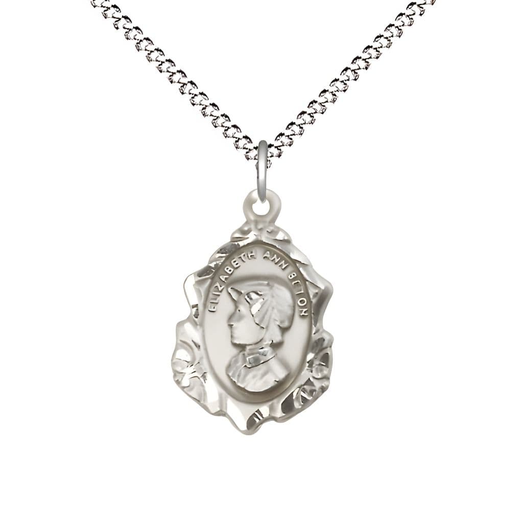 Bliss St. Elizabeth Ann Seton Fancy Design Sterling Silver Medal with Plated Chain, Measures 3/4-inch tall by 1/2-inch wide