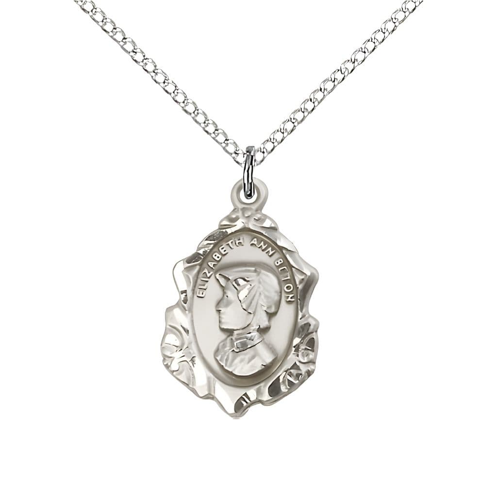 Bliss St. Elizabeth Ann Seton Fancy Design Sterling Silver Medal with Sterling Chain, Measures 3/4-inch tall by 1/2-inch wide