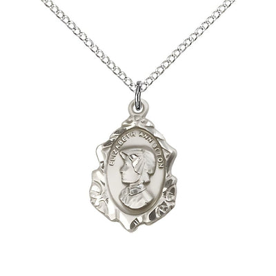 St. Elizabeth Ann Seton Fancy Design Sterling Silver Medal with Sterling Chain, Measures 3/4-inch tall by 1/2-inch wide, Bliss Manufacturing